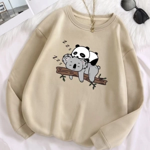 Unisex Bej Panda Baskılı Oversize Bisiklet Yaka Sweatshirt benisengiydirpandasw