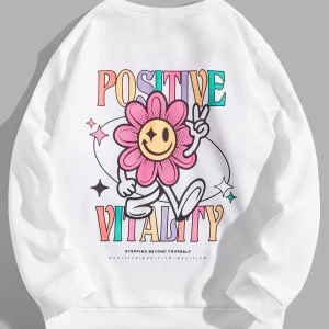 Kadın Beyaz Posıtıve Baskılı Bisiklet Yaka Sweatshirt Posıtıveswea