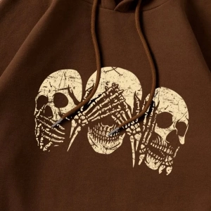 Kadın Kahverengi 3 Kuru Kafa Baskılı Oversize Kapüşonlu Sweatshirt