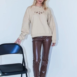 Kadın Bej Kelebek Baskılı Oversize Bisiklet Yaka Sweatshirt TYC00589169762