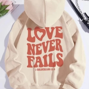 Kadın Bej Love Never Self Basklı Oversize Kapşonlu Sweatshirt bsgselfsweat