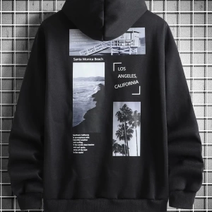 Siyah Santa Monica Baskılı Oversize Kapuşonlu Unisex Sweatshirt bsgsantamonicas