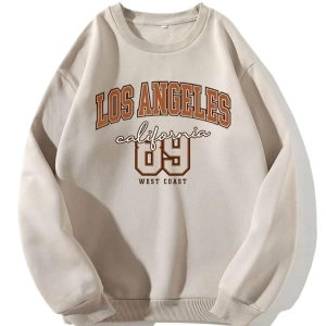 Unisex Bej Los Angeles 89 Baskılı Oversize Bisiklet Yaka Sweatshirt TYC00730170