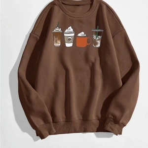 Kadın Kahve Oversize Coffee Baskılı Sweatshirt Tw-coffeswt