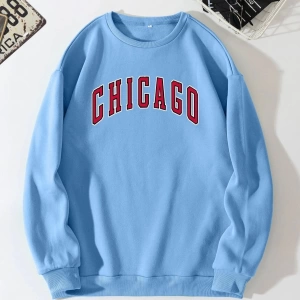 Bebe Mavisi Chicago Baskılı Oversize Bisiklet Yaka Kadın Sweatshirt. bsgchicago