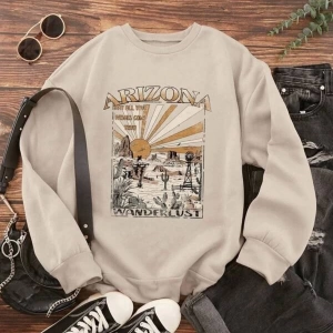 Unisex Bej Arizona Baskılı Oversize Bisiklet Yaka Sweatshirt bsgarızonasweat