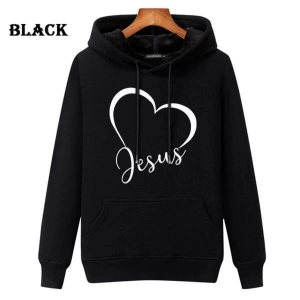 Kalp Desenli Jesus Grafik Tasarımlı Kapşonlu Hoodie 12573