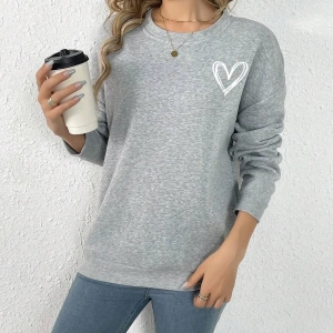 Unisex Kadın/Erkek Kalp Desenli Damla Omuz Sweatshirt