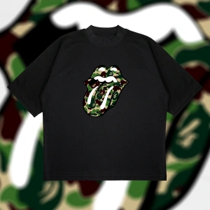 A Bathing Ape X Rolling Stones Green Boxy Fit Oversize Unisex Tshirt – Baskılı Tiş