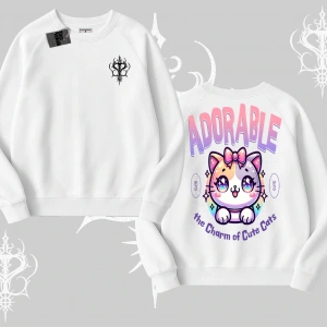 Adorable Kawaii Kedi Arka Baskılı Biskilet Sweatshirt