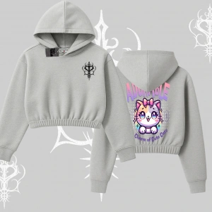 Adorable Kawaii Kedi Arka Baskılı Kapşonlu Crop Sweatshirt