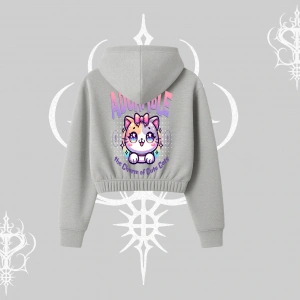 Adorable Kawaii Kedi Arka Baskılı Kapşonlu Crop Sweatshirt