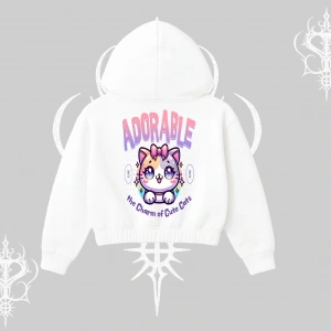 Adorable Kawaii Kedi Arka Baskılı Kapşonlu Crop Sweatshirt