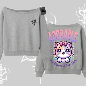Adorable Kawaii Kedi Arka Baskılı Kayık Yaka Sweatshirt