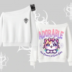 Adorable Kawaii Kedi Arka Baskılı Kayık Yaka Sweatshirt