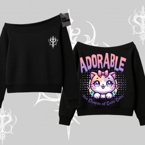 Adorable Kawaii Kedi Arka Baskılı Kayık Yaka Sweatshirt