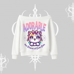 Adorable Kawaii Kedi Arka Baskılı Kayık Yaka Sweatshirt