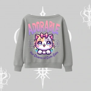 Adorable Kawaii Kedi Arka Baskılı Kayık Yaka Sweatshirt