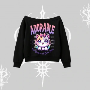 Adorable Kawaii Kedi Arka Baskılı Kayık Yaka Sweatshirt
