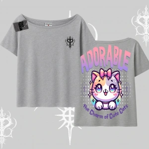 Adorable Kawaii Kedi Arka Baskılı Kayık Yaka Tshirt