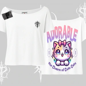 Adorable Kawaii Kedi Arka Baskılı Kayık Yaka Tshirt