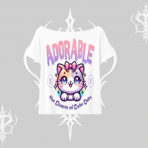Adorable Kawaii Kedi Arka Baskılı Kayık Yaka Tshirt