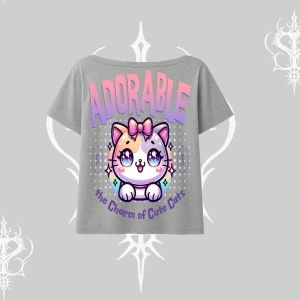 Adorable Kawaii Kedi Arka Baskılı Kayık Yaka Tshirt