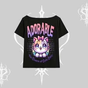 Adorable Kawaii Kedi Arka Baskılı Kayık Yaka Tshirt