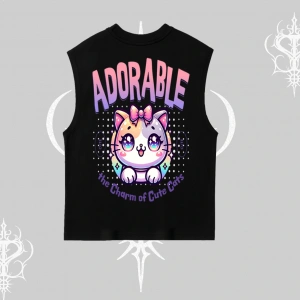 Adorable Kawaii Kedi Arka Baskılı Kolsuz Tshirt