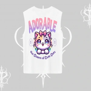 Adorable Kawaii Kedi Arka Baskılı Kolsuz Tshirt