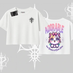Adorable Kawaii Kedi Arka Baskılı Oversize Crop Tshirt