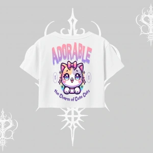 Adorable Kawaii Kedi Arka Baskılı Oversize Crop Tshirt