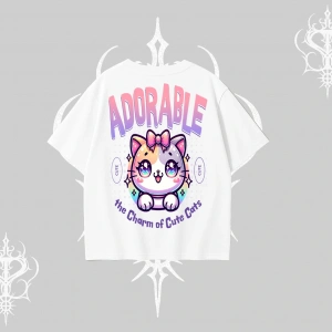 Adorable Kawaii Kedi Arka Baskılı Oversize Tshirt