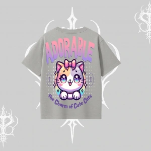 Adorable Kawaii Kedi Arka Baskılı Oversize Tshirt