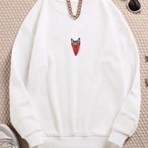 Adrif Maskeli Kedi Renkli Oversize Bisiklet Yaka Pamuklu Sweatshirt Beyaz