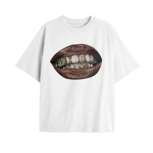 Adrift Cool Art Beyaz One Grillz Tişört - Baskılı Oversize Yazlık T-Shirt Bisiklet