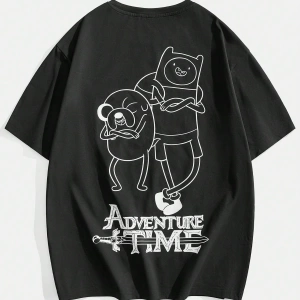 ADVENTURE TIME X SHEIN Erkek Rahat Bol Örme Karakter Baskılı Siyah Kısa Kollu Tişört