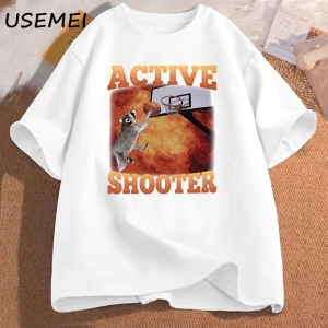 Aktif atıcı komik basketbol rakun Meme T Shirt pamuk kısa kollu grafik tişörtleri Unisex Stre