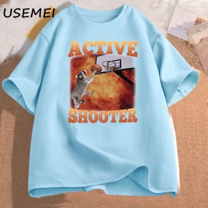 Aktif atıcı komik basketbol rakun Meme T Shirt pamuk kısa kollu grafik tişörtleri Unisex Stre