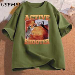 Aktif atıcı komik basketbol rakun Meme T Shirt pamuk kısa kollu grafik tişörtleri Unisex Stre