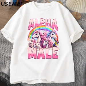 Alfa Erkek Unicorn İronik Vintage 90s T-Shirt Retro Komik Gökkuşağı Unisex Tshirt Pamuk Garip 2837