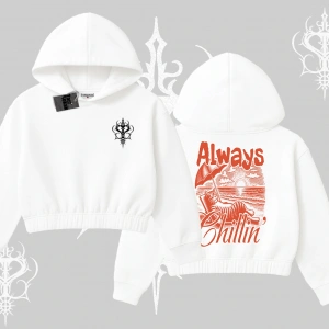 Always Chillin Kedi Arka Baskılı Kapşonlu Crop Sweatshirt