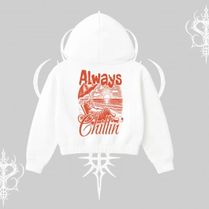 Always Chillin Kedi Arka Baskılı Kapşonlu Crop Sweatshirt