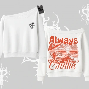 Always Chillin Kedi Arka Baskılı Kayık Yaka Sweatshirt