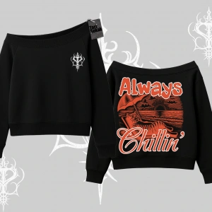 Always Chillin Kedi Arka Baskılı Kayık Yaka Sweatshirt