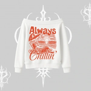 Always Chillin Kedi Arka Baskılı Kayık Yaka Sweatshirt