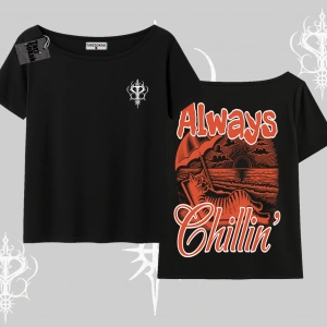 Always Chillin Kedi Arka Baskılı Kayık Yaka Tshirt