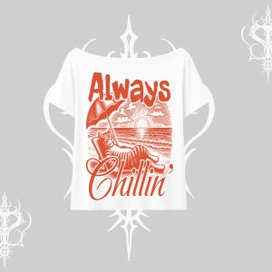 Always Chillin Kedi Arka Baskılı Kayık Yaka Tshirt