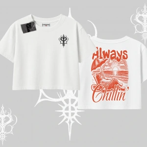 Always Chillin Kedi Arka Baskılı Oversize Crop Tshirt