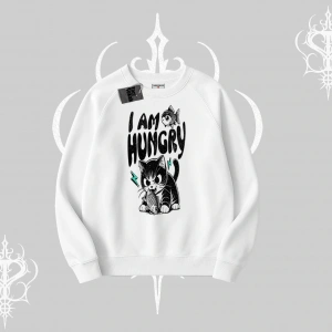 Am Hungry Kedi Baskılı Biskilet Sweatshirt
